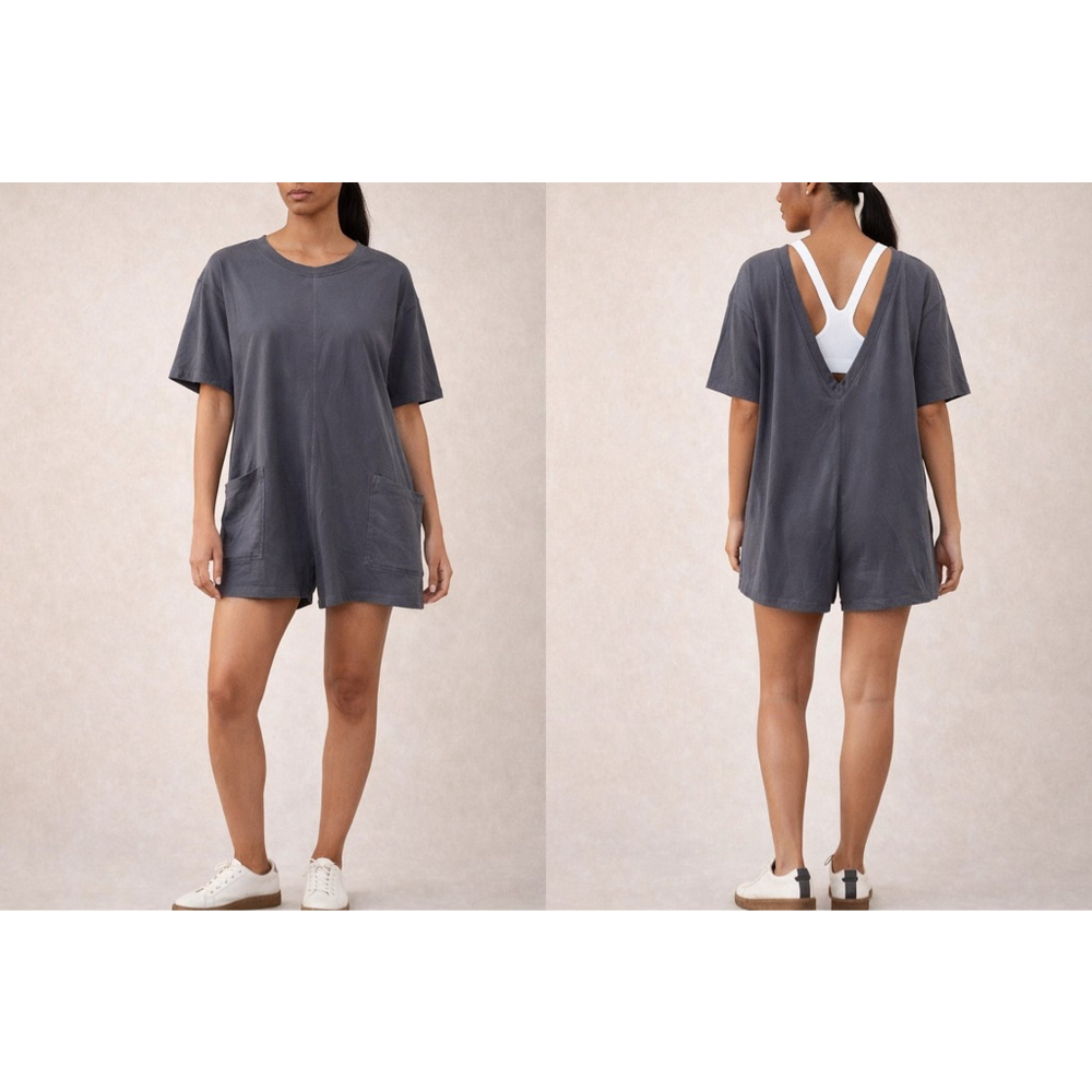 FP Movement Free People Hot Shot Tee Romper Black Medium NWT Pockets V Back